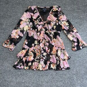 Boston Proper Floral Ruffle Blouse V-Neck Button Front Long Sleeve Medium